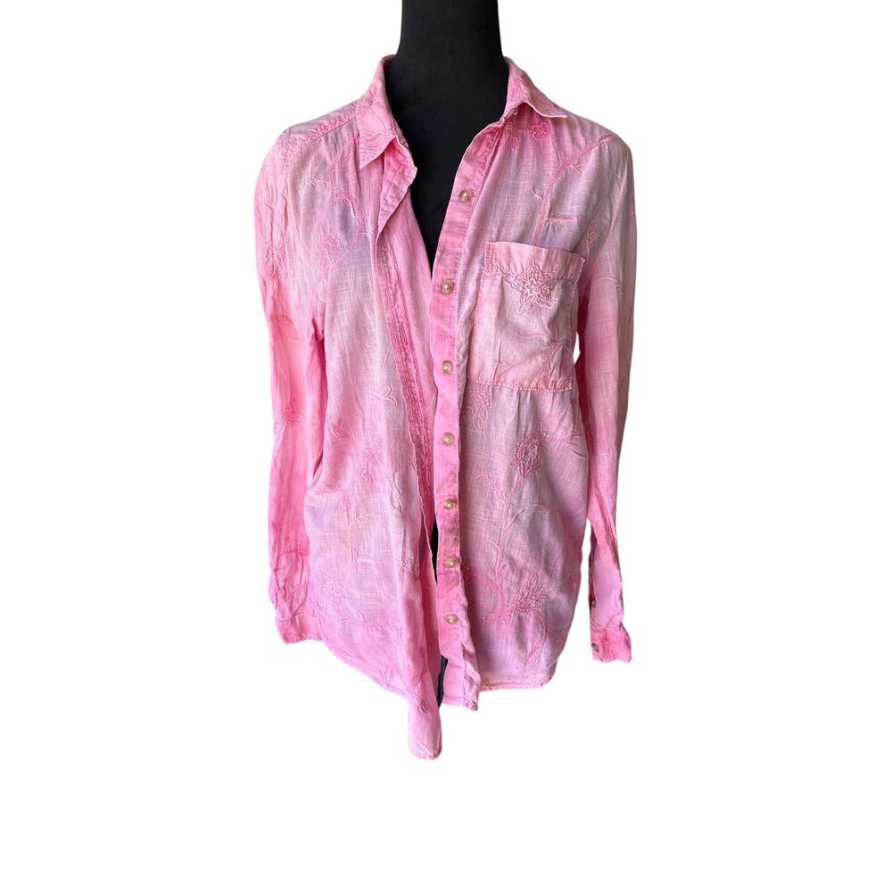 Anthropologie Pilcro Pink Tie Dye Embroidered Button Down Shirt